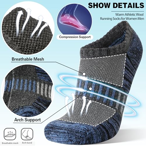 Image of Merino Wool Ankle Athletic Running No Show Socks Cushioned Breathable Sports Warm Thick Socks for Men and Women 6 Pairs