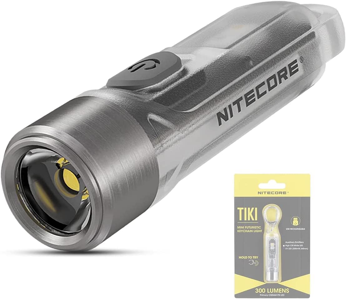 Tiki Mini Torch – Rechargeable 300 Lumen – LED with Ultraviolet Light – Flashlight – Waterproof Keyring IP66 ([Transparent])