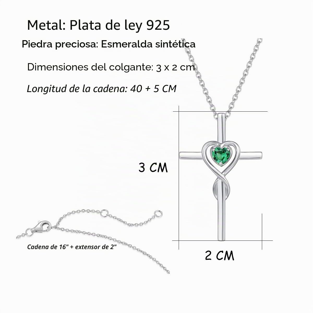 FANCIME Collar con Colgante de Cruz Cristiana Infinito corazón para Mujer de Plata de Ley 925 y Piedras Preciosas Sintéticas/Naturales - Longitud Cadena: 40 + 5 cm