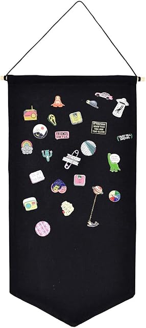 Wall Hanging Brooch Jewelry Storage Case Canvas Display Stand Enamel Pin Display Banner Holder Earrings Necklace Glitter Pin Collection Organizer (Black)