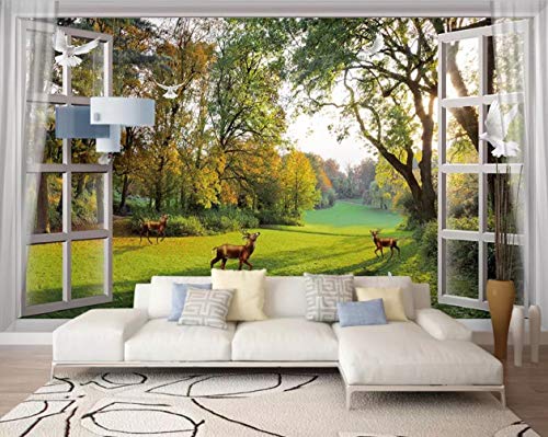 Fototapete 3D Effekt Aus dem Fenster Landschaft Wald Fluss Reh Taube Hintergrundwand Tapete Vliestapete Wandbilder Wanddeko Cover