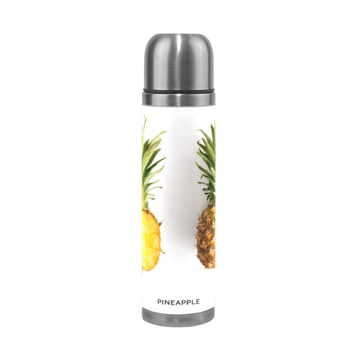 Taza de viaje aislada al vacío de acero inoxidable con doble pared a prueba de fugas, botellas de piña, impresión personalizada impresa en piel auténtica, termo termo de 500 ml
