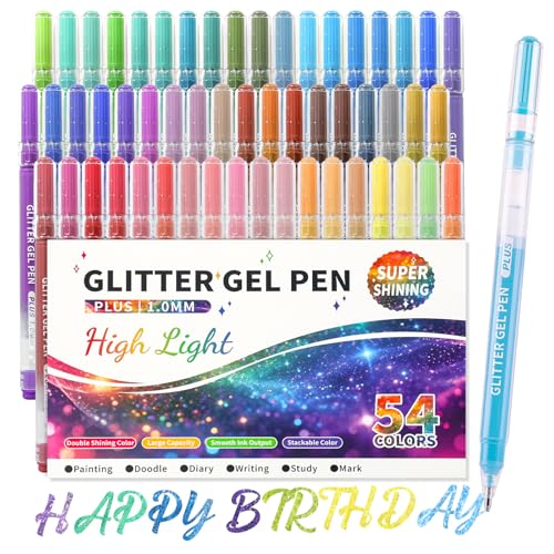 Glitter Gel Pens for Adult Coloring, 54 Colors Special Shining Metallic Glitter Gel Pens Colored Set,1.0mm Point Pens, Large Capacity Ink Pens for Coloring, Writing, Drawing, Journaling, Note Taking by JIZHIYUAN - Used condition - US$35.14