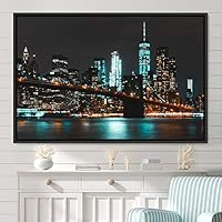 Framed Canvas Wall Art City Illuminations Aerial Cityscape Contemporary Multicolor Photography Places Realism - 16x24 inches