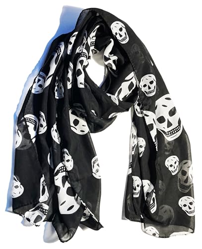 Mazeology Skull Scarf Soft Silky Poly Chiffon 59” Long Scarf Gothic Black and White Gothic Fashion Accessory 18” Wide, Pirate Bandana for Women & Men