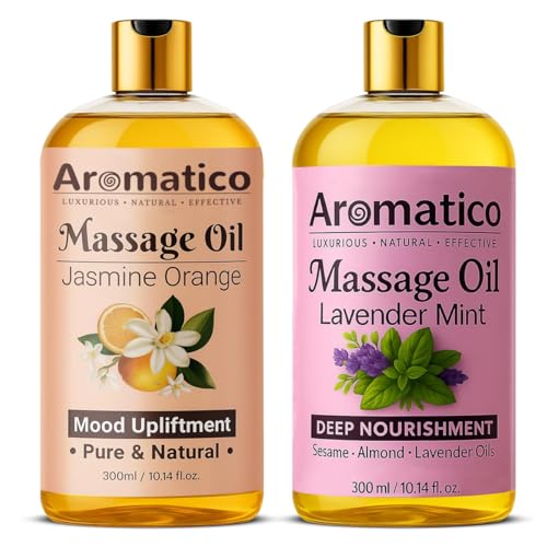 Image of AROMATICO - Lavender Mint & Jasmine Orange Massage Oils Pack of 2. For Mood Upliftment, Muscle Relaxation & Skin Nourishment, 100% Natural, Non-Sticky 300ml Pack of 2