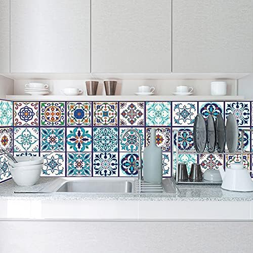 24PCS Moroccan Style Decorative Self-Adhesive Tile Stickers, ZONITOK Peel and Stick Removable Wallcovering, Wall Floor Tile Decals for Bathroom Kitchen Backsplash Furniture Stairs Decor(5.9x5.9in)