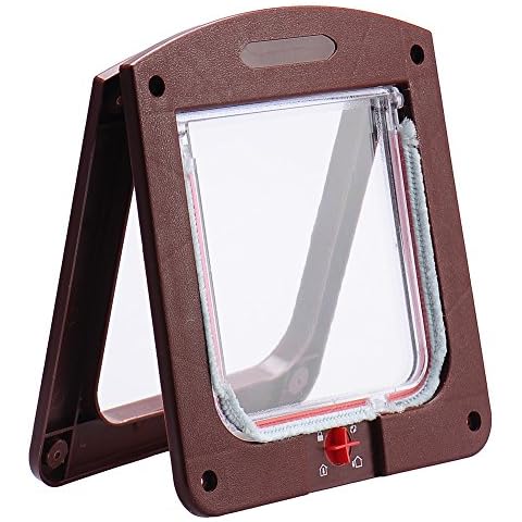 Ligege Brown Pet Dog Cat Door Flap Puppy Kitty Safe Barrier Locking Door, 5.9 x 5.8 inch, 4 Way Locking Cover