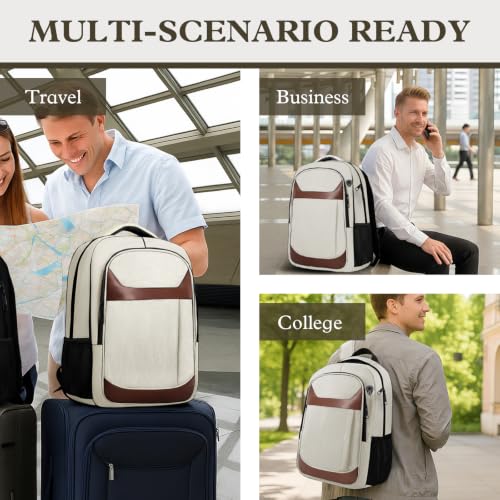 Image of Travel Laptop Backpack 17 Inch, Professional Travel Backpack for Men Women with LifetimeWarranty, Airline Approved Big Large Business Work College Computer Backpack, White Brown
