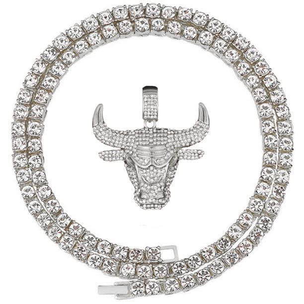 Silver Plated Iced Bling Bull Pendant & 4.5mm 16" 18" 20" 24" 1 Row Simulated Diamond Tennis Chain Hip Hop Jewelry Necklace Gift3