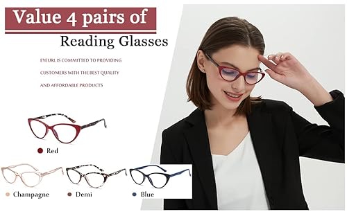 Eyeurl 4-Pack Cat Eye Reading Glasses For Women- Blue Light Blocking Readers With Spring Hinges,Anti-Glare/Uv Rays Reading Glasses,1.5 #TOP6