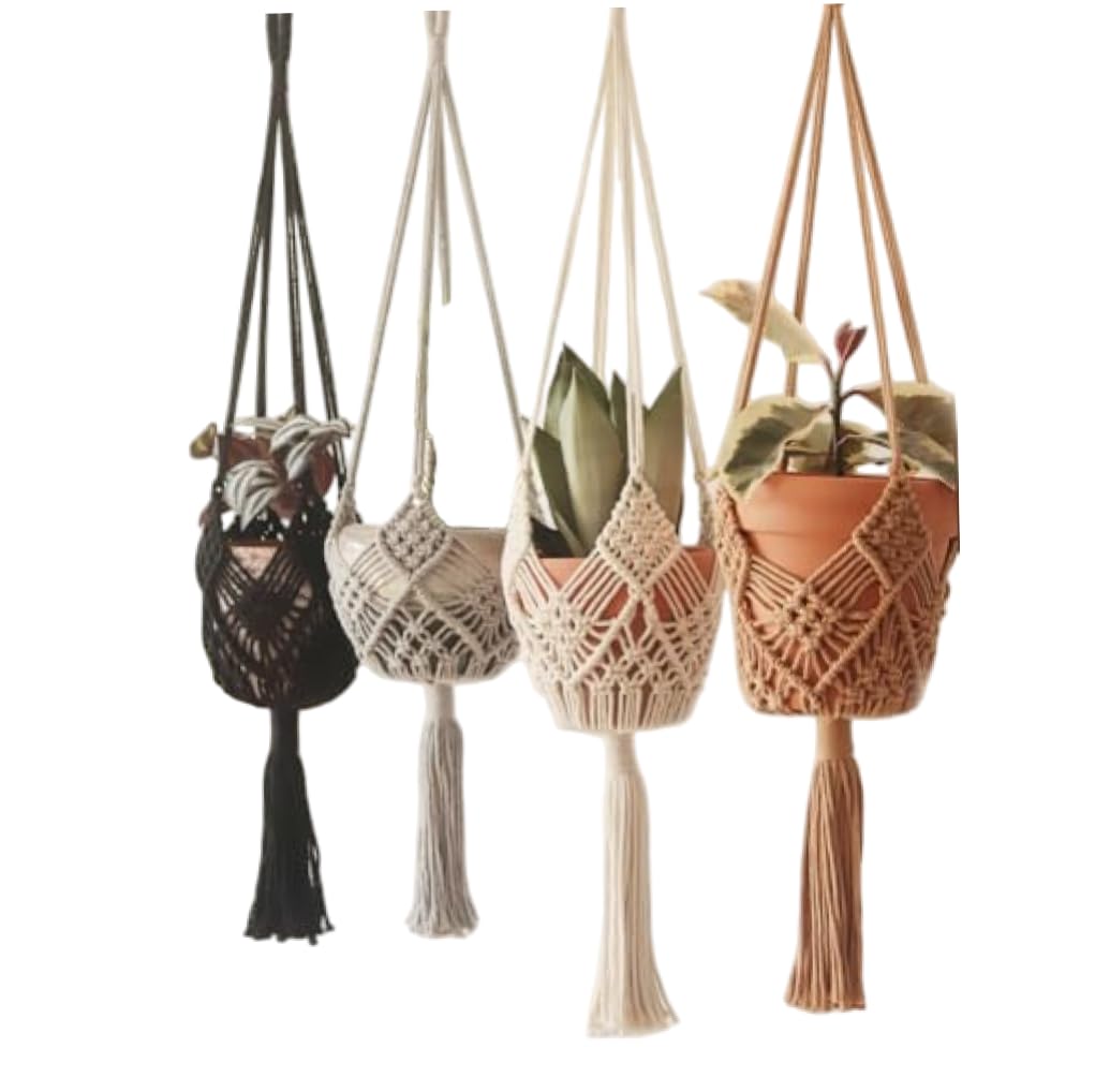 Peryauts Boho Macrame Plant Hanger with Patterns 4 Pack Handwoven Cotton Rope Plant Hangers Indoor with S Hooks for Pots 3-8 Inch Macrame Hangers Indoor 4 Pack for Bohemian Home Decor