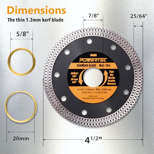 Image of POWERTEC 4-1 /2 Inch Diamond Saw Blades for Angle Grinder - 1 Pack, Super Thin Turbo Mesh Rim Blades for Cutting Porcelain, Granite & Ceramic Tiles, 4.5 inch Diamond Blades (14000)