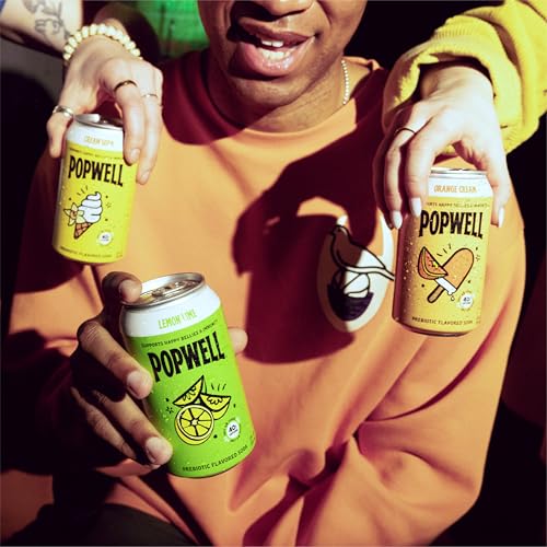 Image of Popwell Caffeinated Variety Pack Better-For-You Prebiotic Soda, with 6g Fiber, 1g Sugar, Vitamins and Immunity Support, 12 fl oz, 12 count (Orange Cream, Lemon Lime, Cream Soda)