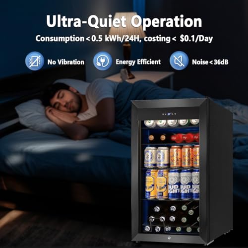 Image of Tylza Beverage Refrigerator Cooler, 130 Cans 3.22 Cu.Ft Small Refrigerator with Low-E Glass Door, Lock, 17-Inch Beer Fridge for Drinks, Beer and Wine, Mini Fridge for Bedroom, Office and Bar, Black