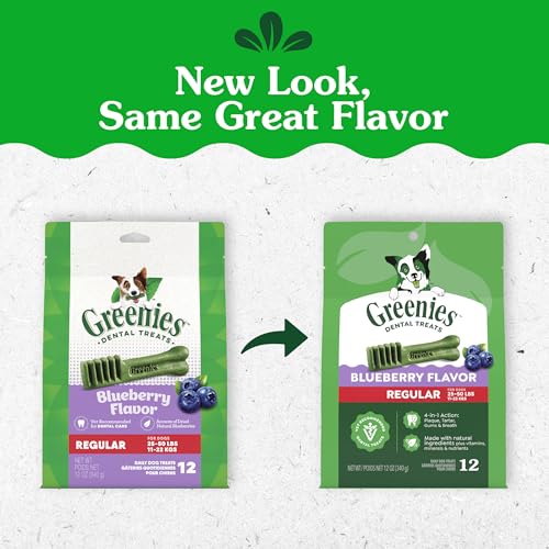 Image of Greenies Regular Natural Dental Dog Treats, Blueberry Flavor, 12 Count | Veterinarian-recommended, for dogs 25-50 lbs, promotes oral health & fresh breath, clinically proven, no fillers, 12 oz Pack