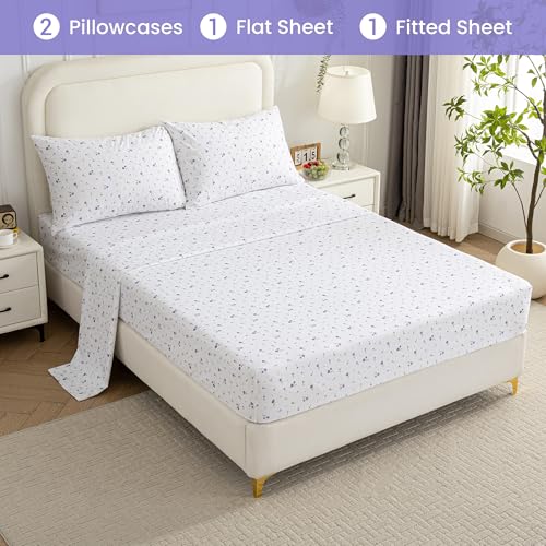 Image of Softan Floral Queen Sheet Set Purple Flower Bed Sheets Printed Queen Size - 4 Piece Microfiber Patterned Fitted Sheets with 15 inch Deep Pocket, Spring Flower Sheets and Pillowcase Set