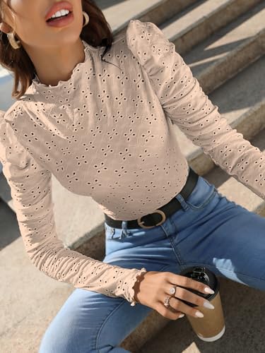 Image of Sugathari Girl's & Women's Spring /Summer Slim Fit High Neck T-Shirt with Stand Collar, Cap Sleeves and Eyelet Embroidery Frill Trim Tee Textured Sheer Fabric (T-Shirts 194 $P)