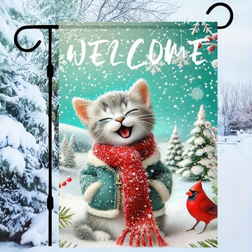 Image of BlissYard Cat Snowflake Winter Garden Flag 12x18 Inch Polyester