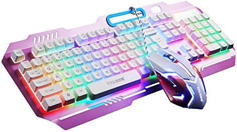 TTQ Gaming Keyboard Mechanical Touch Feeling with Rainbow Backlit& Gaming Mouse Max 3200 DPI with Blue Breathing Lamp& Mouse Pad,Mouse Keyboard Set(Pink)