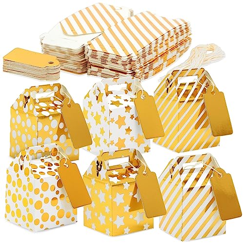 Juvale Party Favor Boxes - 36 Mini Gold 2 x 2 x 2 in With Tags & Strings - 3 Patterns Polka Dot, Stars & Stripes - Paper Packaging for Wedding & Birthday Truffles