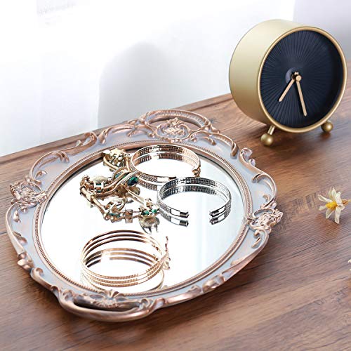 Zosenley Polyresin Ellipse Antique Decorative Mirror Tray, Makeup Organizer, Jewelry Organizer, Serving Tray, 9.8”x 14.6”, Golden Gray