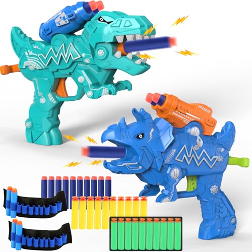 Dinosaur Toy Guns for Toddlers 3 4 5 6 7 8 Years Old, Idea Gift for Boys Birthday Valentines Easter Christmas Stocking Stuffers, Dino Blaster for Kids with 30 Foam Darts Compatible with Nerf, 2 Pack