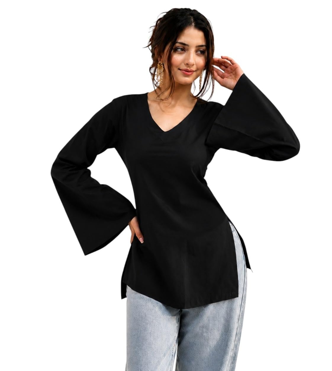 SONISHA Women's Cotton Short Kurti Solid V Neck Full Sleeve Stylish Short Kurta for Women Trendy Short Kurti for Jeans Casual Daily-picture-37
