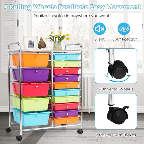 Image of LDAILY 15 Drawer Rolling Storage Cart, Rolling Cart with Drawers for Classroom, Art Supply Craft Organizer on Wheel with Metal Frame & Handles for Home Office School