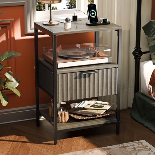 Image of VINGLI Grey Night Stand with Charging Station and Fabric Drawer, Fluted Nightstand, Gray Nightstand with Drawer, Bed Side Table /End Table for Bedroom, Dorm, 14.96 inch W*11.81 inch D*23.7 inch H, 1 pc