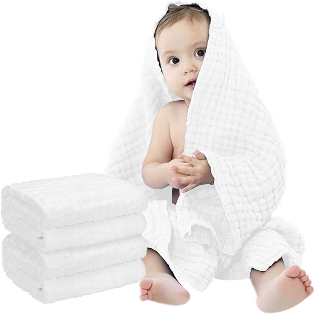 Muslin Baby Towel Muslin Cotton 2-Pack 6-Layer Large Size 40" x 40" Cotton Baby Bath Towels Triple Absorbency and Quick-Drying (White)