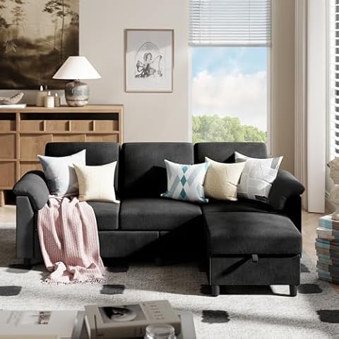 Meilocar 79" Sectional Sofa Couch, Sectional Couch with Storage Ottoman, Convertible L Shaped Couch with Armrests Side Storage Pockage, 3-Seat Sofa Couches for Living Room, Apartment, Black Cover