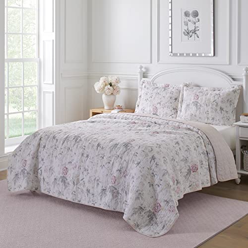 Laura Ashley Home - Breezy Floral Collection - 100% Cotton, Reversible, Lightweight & Breathable Bedding, Pre-Washed for Added Softness, Twin, Pink/Grey - Image 2