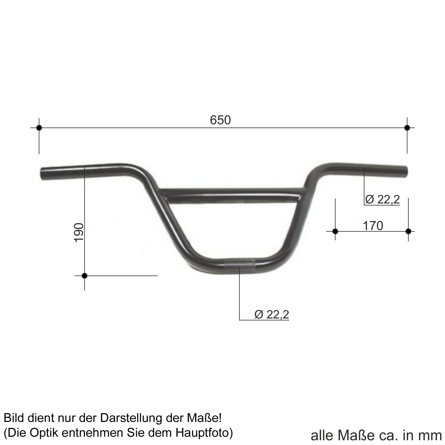BMX Fahrradlenker Bügelbreite 650 mm Stahl Fahrrad Lenker Schwarz Klemmung 22,2 mm inkl. Fahrradglocke Sport & Freizeit