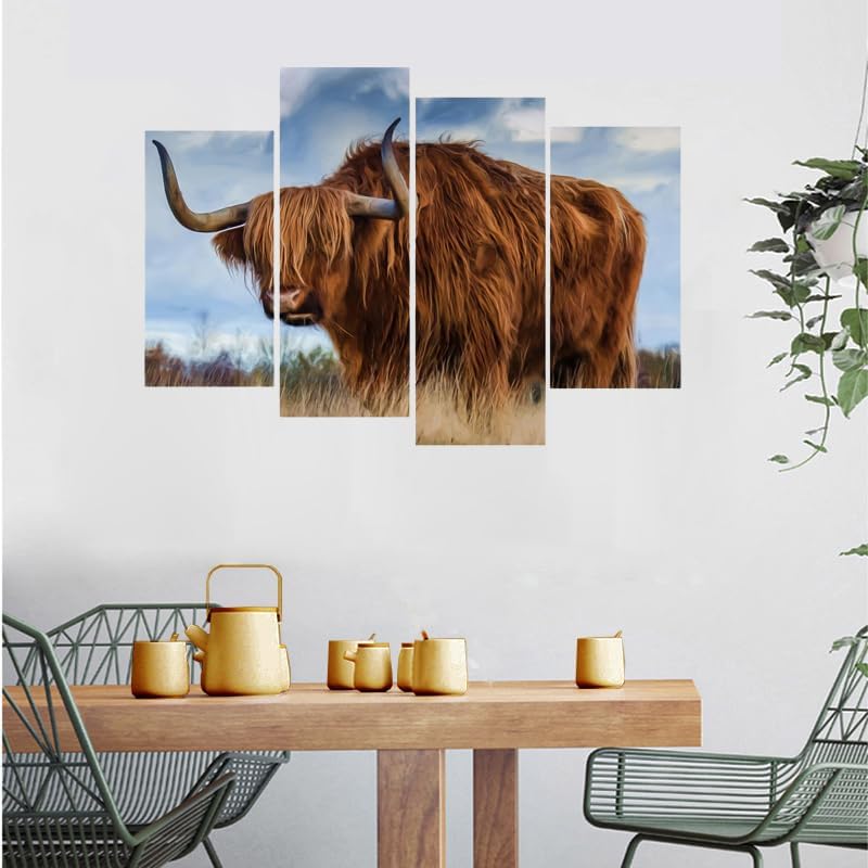 SUNYSUBY 4 Pieces Highland Cow Canvas Prints Wall Art Vintage Country Rustic Farmhouse Large Framed Canvas Oil Painting Artwork Animal Picture Decor