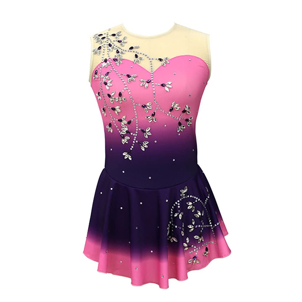 FJL Senza Maniche Viola Rosa Sfumato Vestito Body da Pattinaggio Artistico da Donna Ragazze Ginnastica Concorrenza Prestazione Abiti da Ballo