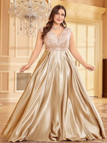 Image of Plus Size Satin Mother of the Bride Formal Gown for Wedding Sleeveless V-Neck Evening Dress