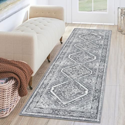 KUTA Oriental Washable Runner Rug, 2x6 Runners for Hallways Non-Slip Vintage Grey Kitchen Rugs Ultra Soft Printed Distressed Tribal Farmhouse Carpet for Laundry Bedroom Living Room