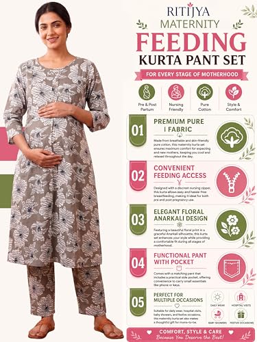 Image of RITIJYA Pure Cotton Feeding Kurta Pant Set for Women | Floral Anarkali Pregnancy Dress with Concealed Nursing Zipper Side Pocket | Pre & Post Partum | Maternity Dresses | Baby Shower Outfit