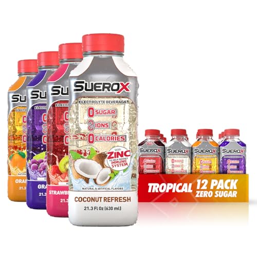 SueroX Sugar-Free Sports Drink for Hydration and Recovery Electrolyte Hydration Drink with 8 Ions Zero Calorie Sports Drinks with Electrolytes Tropical Pack 21.3 Fl Oz 12 Count