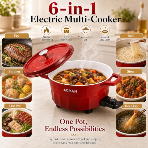Image of AORAN 6QT Multi-Function Electric Hot Pot Cooker, 1400W Family Hot Pot for Frying, Boiling, Slow Cooking & Stewing, Nonstick Cooking Pot with Temperature Control, Ladle, Skimmer & Spatula