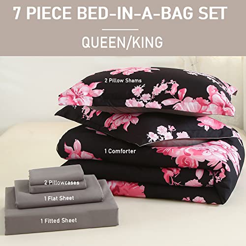 Alaookka 7 Piece Bed In A Bag, Floral Bedding Set King Size Comforter Set For All Season,Pink Flower Print On Black-1 Comforter,2 Pillow Shams,1 Flat Sheet,1 Fitted Sheet,2 Pillowcases(Pink,King) #TOP5