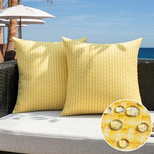 Kevin Textile Outdoor Waterproof Throw Pillow Covers Pack of 2 Weaving Texture Water Resistant Outside Decorative Cushion Covers for Garden Patio Tent Balcony Bench Couch Sofa 18x18 Inch Yellow