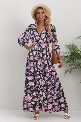 Image of Womens Boho Maxi Dress V Neck Short Sleeve Floral Print Sundress | Drawstring Waist, Flexible Fit, Breathable Loose Hem, Lightweight, Cool Summer Beachwear, Machine Washable.