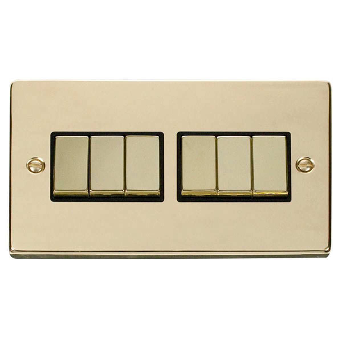 Polished Brass 10A 6 Gang 2 Way Ingot Light Switch - Black Insert