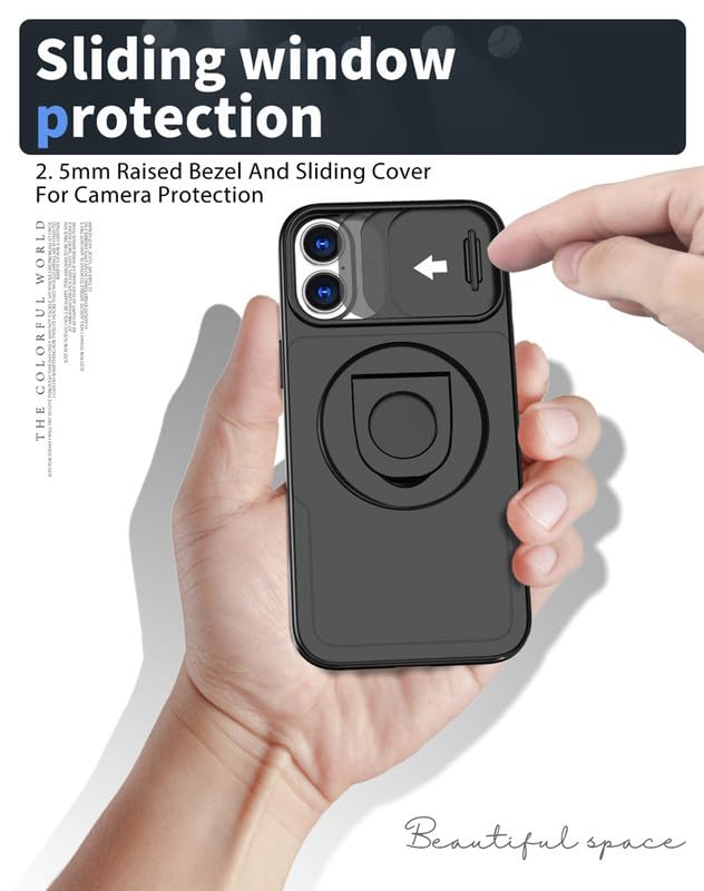 Image of LuxuryKase MagSafe Shockproof Rugged Back Case for iPhone 16 | Finger Ring Kickstand & Sliding Camera Cover | Military Drop Protection | Wireless Charging Support - Black