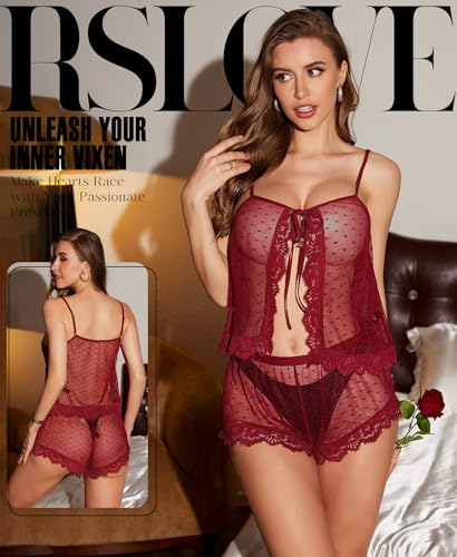 RSLOVE Dessous Damen Sexy Spitzen - Mesh Pyjama Set Transparentes Top und Shorts Schlafanzug Nachtwäsche – Bild 2