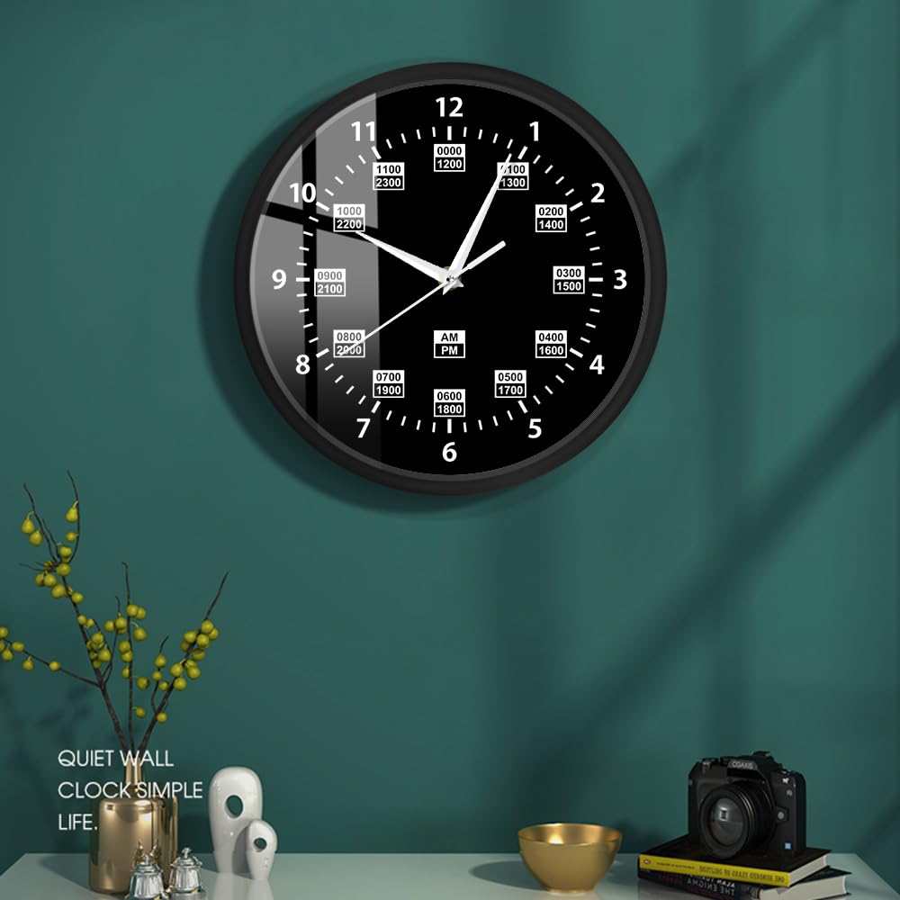Orologio da parete militare da 30,5 cm, 24 ore, silenzioso, senza ticchettio, funzionamento a batteria, tempistica militare, con telaio in metallo, orologio da parete professionale per uomo