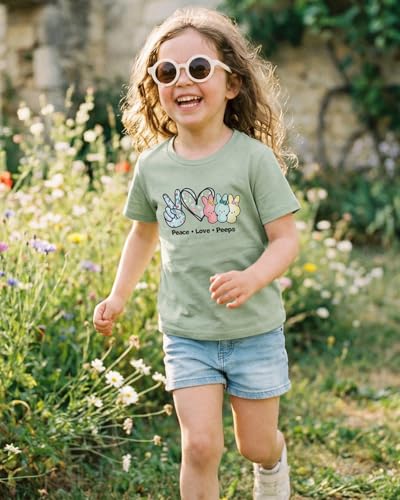 Image of SOFEON Kids Girls Easter Shirt Bunny Peace Love Peeps T-Shirt Cute Funny Rabbit Graphic Tees Short Sleeve Casual Tops