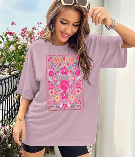 Womens Oversized Tshirt Flower Graphic Tees Boho Hiking T Shirt Vintage Wildflower Shirts Summer Casual Beach Tops2